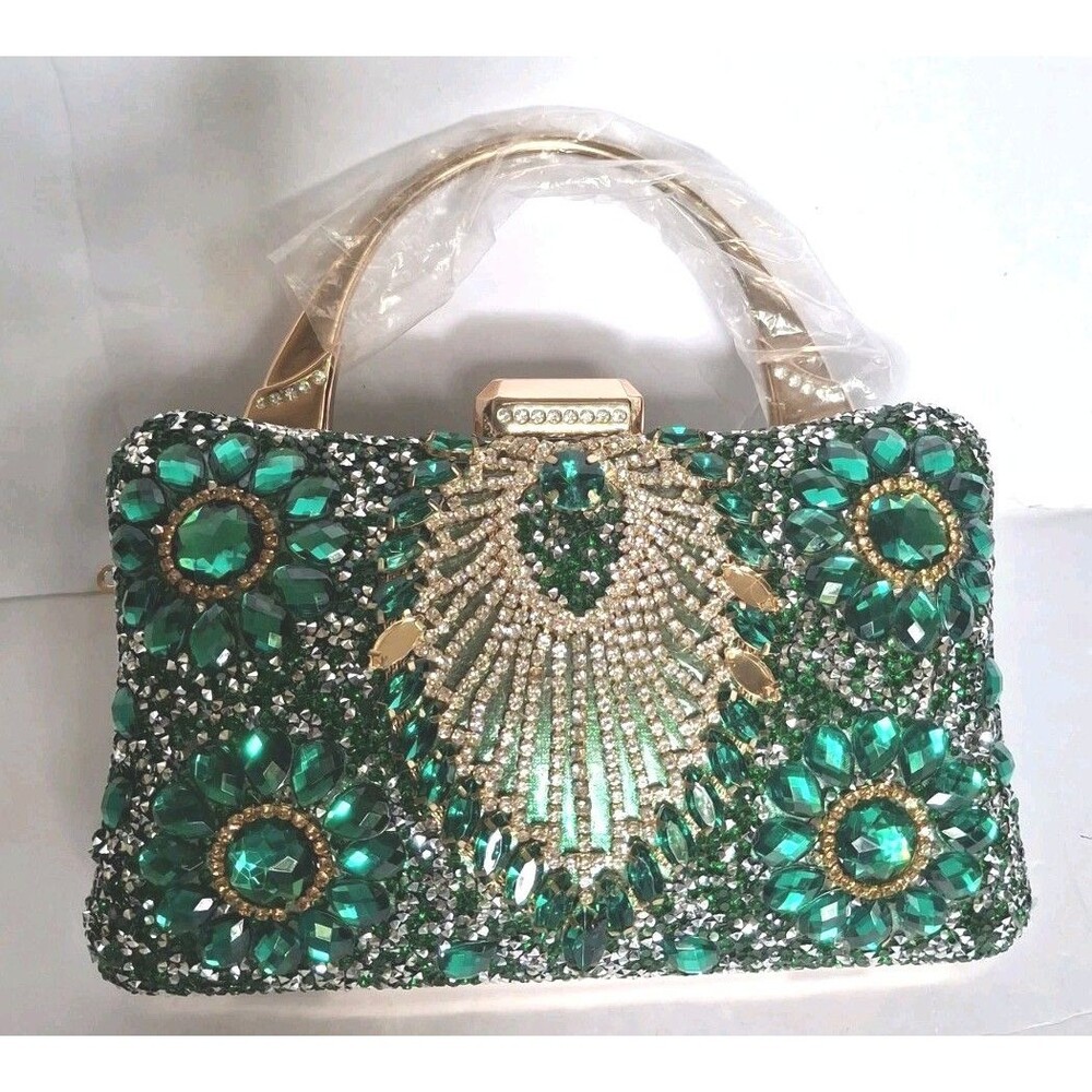 Green Crystal Rhinestone Handbag Clutch Evening  Crossbody Shoulder Bag Formal